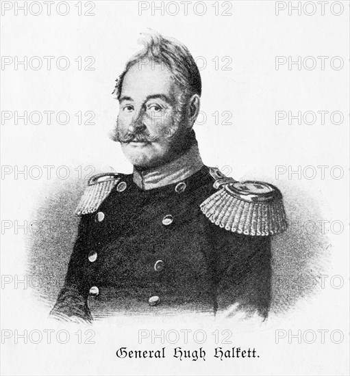 British Hanoverian General Hugh Halkett in uniform with epaulettes in a dignified pose, black and white portrait, print with visible halftone dots, historical illustration from 'Zur Erinnerung an die Koeniglich Hannoversche Armee und ihre Stammtruppen', commemorative sheet for the celebration of 19 December 1903, Meisenbach, Riffarth & Co, Great Britain, Germany, Europe