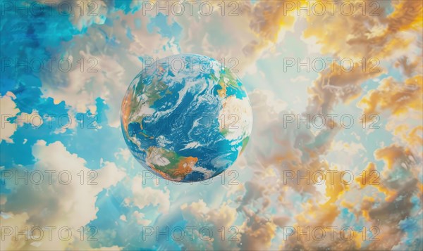Vibrant watercolor painting of an Earth globe floating in a dreamy sky AI generated