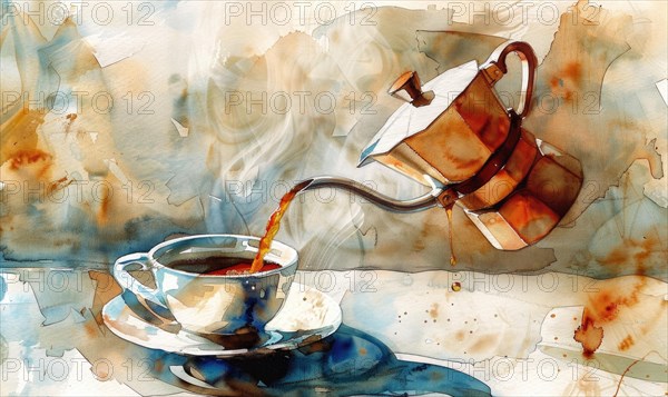 Watercolor illustration of a vintage coffee pot pouring coffee into a cup AI generated