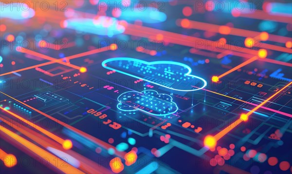 Cloud computing background with server racks and digital data streams AI generated