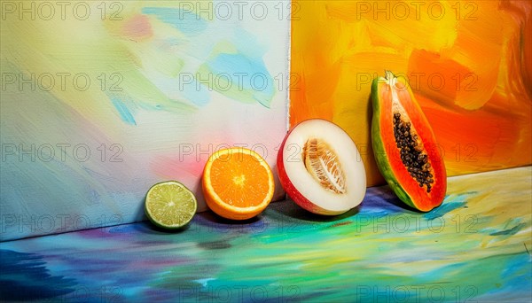 Sliced fruits arranged on a vibrantly painted canvas with textured oil paints, horizontal, AI generated