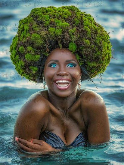 Refreshed woman in black swimsuit with moss hair, vibrant ocean at dusk, earth day concept, AI generated
