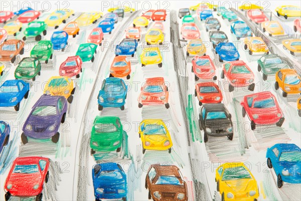 Cars standing in a traffic jam, drawing with coloured pencils by a child of preschool age, primary school age, AI generated, AI generated, AI generated