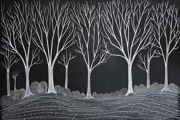 Stark black and white line art of barren trees against a winter night background, illustration, AI generated