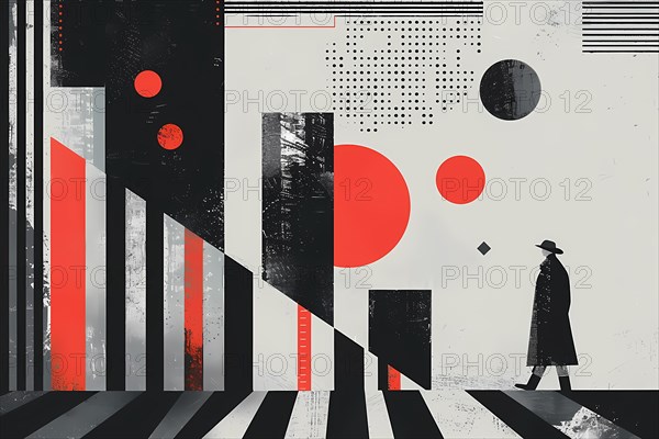 Minimalist abstract with a silhouette of a person amidst geometric shapes, illustration, AI generated