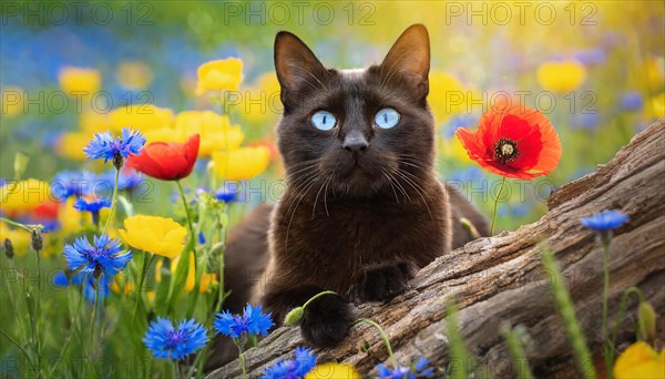 KI generated, animal, animals, mammal, mammals, cat, felidae (Felis catus), lying in a meadow with colourful flowers
