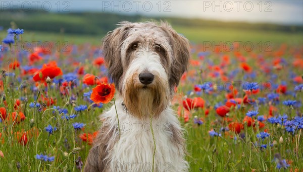 Ai generated, animal, animals, mammal, mammals, a, single animal, bobtail, (Canis lupus familiaris), dog, dogs, bitch, dog breed from England, a single animal, flower meadow