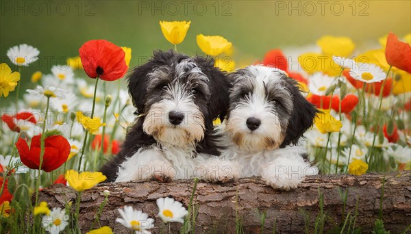 KI generated, animal, animals, mammal, mammals, bobtail, (Canis lupus familiaris), dog, dogs, bitch, dog breed from England, two puppies, flower meadow