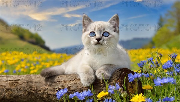 KI generated, animal, animals, mammal, mammals, cat, felidae (Felis catus), a kitten resting in a meadow on a tree trunk