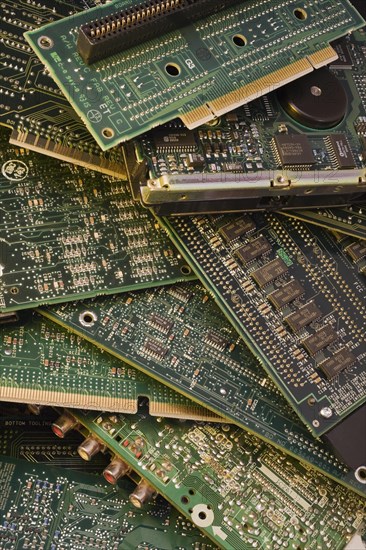 Close-up of various green electronic computer circuit boards with microchips, memory chips and hard disc, Studio Composition, Quebec, Canada, North America