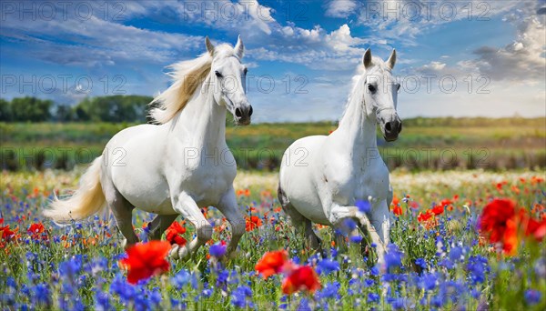 KI generated, A horse, horses, Arabian, in front of a blue sky, thoroughbred Arabian, AV, Arabian thoroughbred, (Eqqus ferus caballus), running in a meadow with colourful flowers