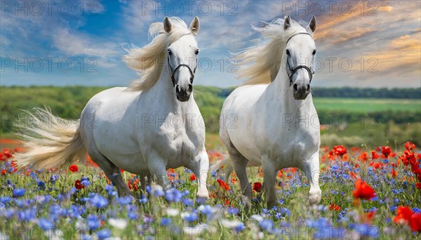 KI generated, A horse, horses, Arabian, in front of a blue sky, thoroughbred Arabian, AV, Arabian thoroughbred, (Eqqus ferus caballus), running in a meadow with colourful flowers