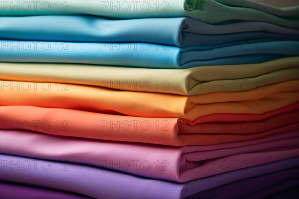 Stack of folded colorfull clothing or fabric sheets. KI generiert, generiert, AI generated