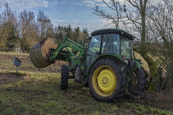 A tractor takes a bale of hay to the pasture, Mecklenburg-Western Pomerania, Germany, Europe