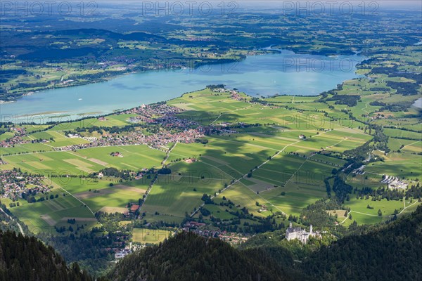 Panorama from Saeuling, 2047m, on Neuschwanstein Castle, Ostallgaeu, Bavaria, Germany, Europe