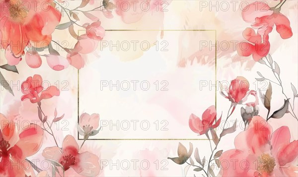 Thin golden frame on watercolor background, space for text AI generated