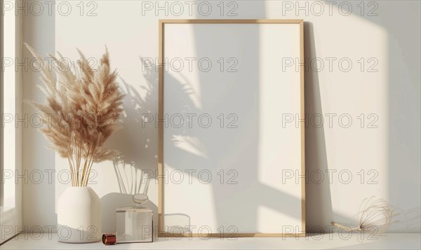 Flat background with blank poster mockup and dry grass in vase AI generated