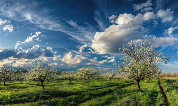 Blue skies over a blooming orchard AI generated