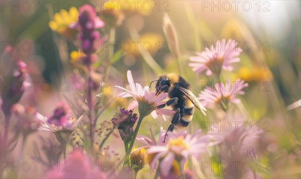 Bumblebee collecting pollen from flowers, closeup view, selective focus AI generated