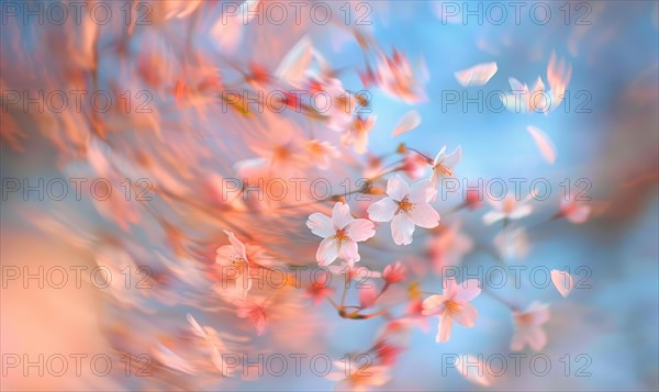 Cherry blossom petals in the breeze, floral background, soft focus, blurred background AI generated