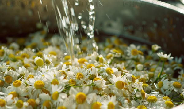 Close-up of chamomile flowers being distilled, nature beauty background AI generated