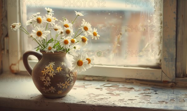 Daisies in a vintage vase on a windowsill AI generated