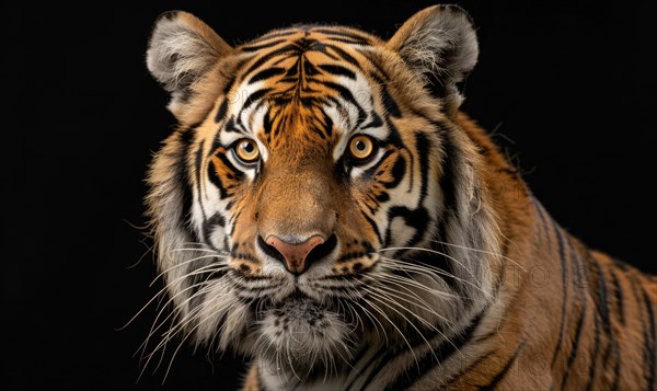 Close-up of a Bengal-Siberian tiger hybrid in studio lighting, tiger on black background AI generated