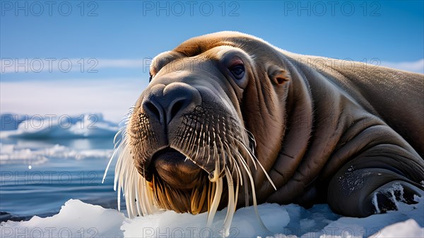 Walrus lounging on coastal ice, AI generated