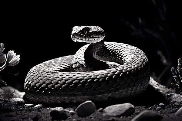 Rattlesnake coiled poised to strike in the silent mojave night, AI generated