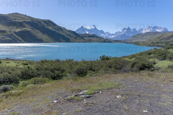 Lago Pehoe, mountain range of the Andes, Torres del Paine National Park, Parque Nacional Torres del Paine, Cordillera del Paine, Towers of the Blue Sky, Region de Magallanes y de la Antartica Chilena, Ultima Esperanza province, UNESCO biosphere reserve, Patagonia, end of the world, Chile, South America