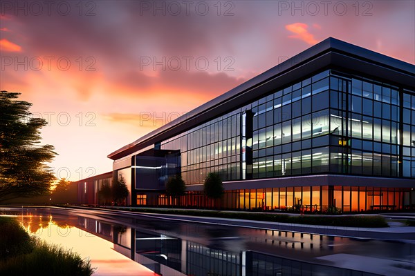 Modern hospital at dawn glass surfaces mirroring early morning sky, AI generated, modern, architecture