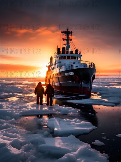 Icebreaker ship carving a path through thick ice of the polar region, AI generated