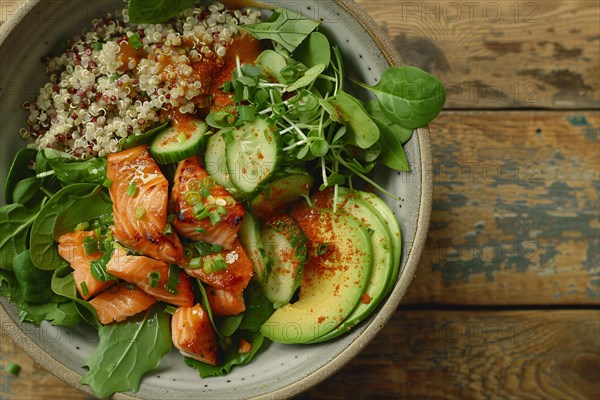 Healthy dish with salmon, avocado, quinoa, and greens arranged on a rustic wooden surface, AI generated