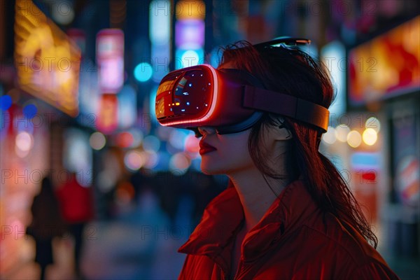 Woman in a red jacket experiencing virtual reality with a neon-lit cityscape behind her, AI generated