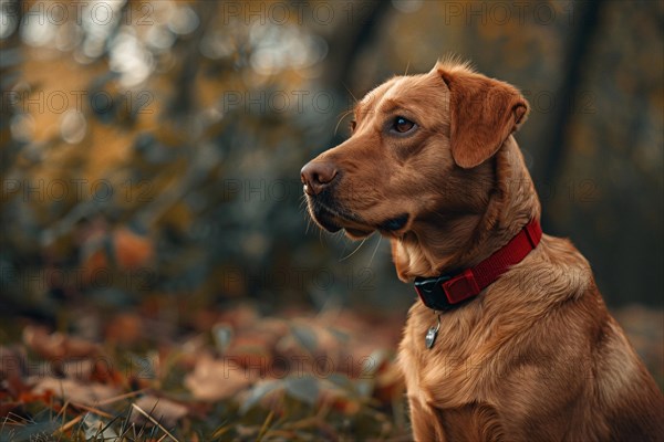 A dog with a red collar gazes attentively amidst autumn leaves, AI generated