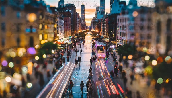 Evening view of a lively street filled with lights, traffic, and crowds, rush hour commuting time, sunset, blurry cityscape, bokeh effect, AI generated