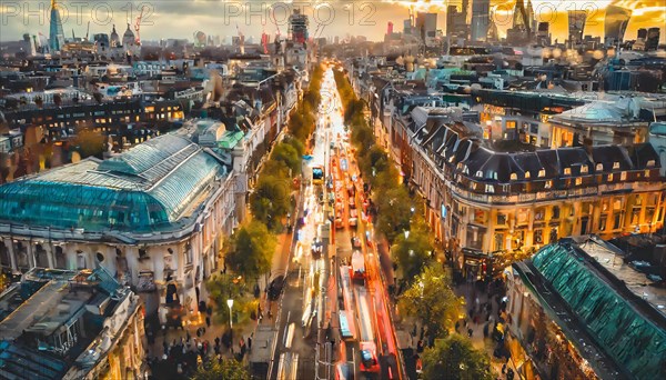 Golden hour view of bustling city streets from an aerial perspective with vivid colors, rush hour commuting time, sunset, blurry cityscape, bokeh effect, AI generated