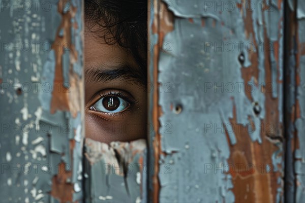 Close up of child peeking through hole in wooden wall. KI generiert, generiert, AI generated