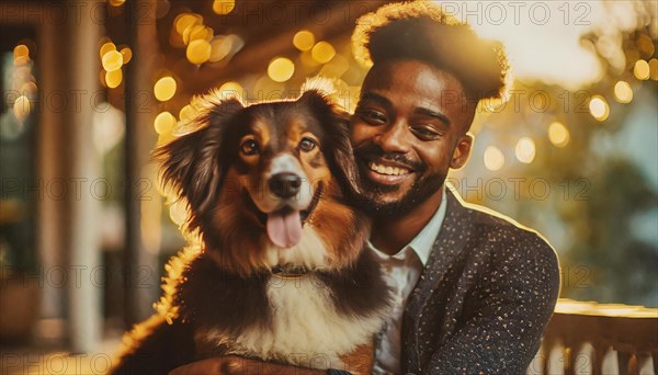A man and his dog are smiling for the camera. The man is wearing casual the dog is wearing a collar. Scene is happy familiar and friendly AI generated