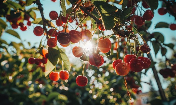 Ripe cherries dangling temptingly from the branches of a cherry tree in a vibrant garden AI generated