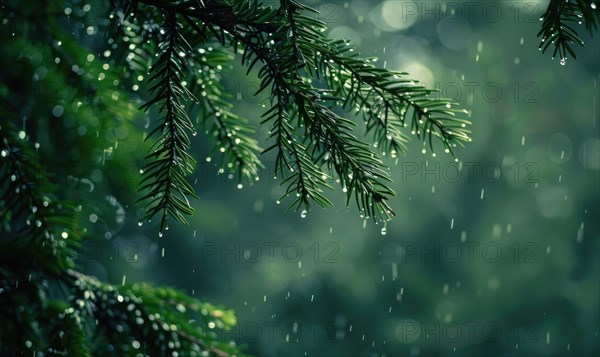 Closeup view on cedar branch in rain drops, bokeh background AI generated