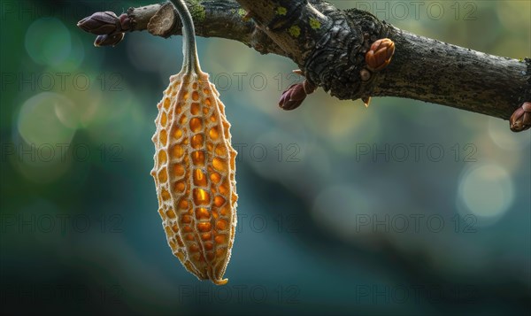 A close-up of a laburnum seed pod hanging from a branch AI generated