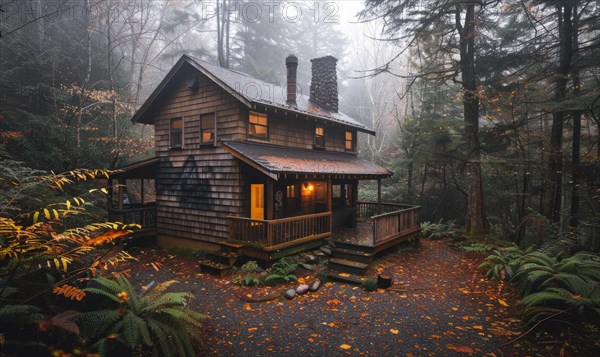 A cozy cabin nestled in a lush forest, surrounded by mist and raindrops glistening on the leaves AI generated