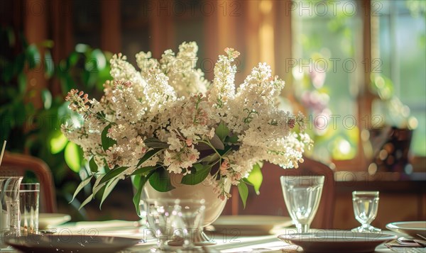 A floral arrangement featuring white flowers on a dining table AI generated