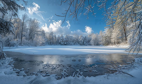 A frozen lake framed by snow-laden trees in a winter wonderland scene AI generated