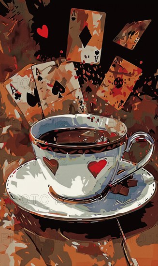 A cup of coffee is on a table with four playing cards in the background. The image has a playful and whimsical mood, as if the coffee cup is a character in a game of cards AI generated