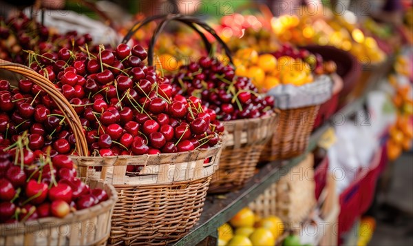 Closeup view of rip cherries selling on city market AI generated