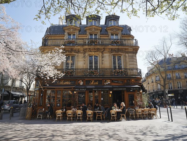 Menschen sitzen draussen an einem Cafe, umgeben von Fruehlingsblueten, Lifestyle in Paris, Frankreich, AI generiert, AI generated