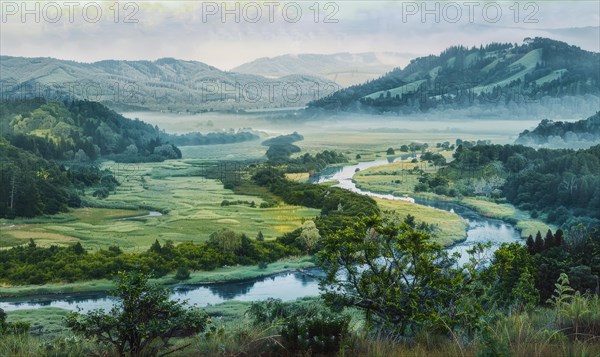 A watercolor illustration of valley with calm river flowing through verdant fields AI generated