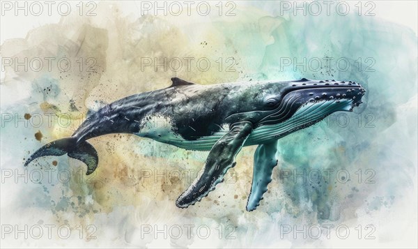 Watercolor illustration of a humpback whale in the ocean AI generated